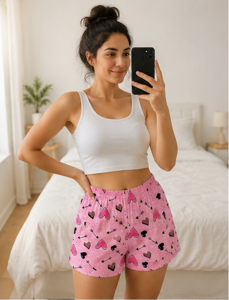 Shorts Rosa - Estampado Corazones y Flechas