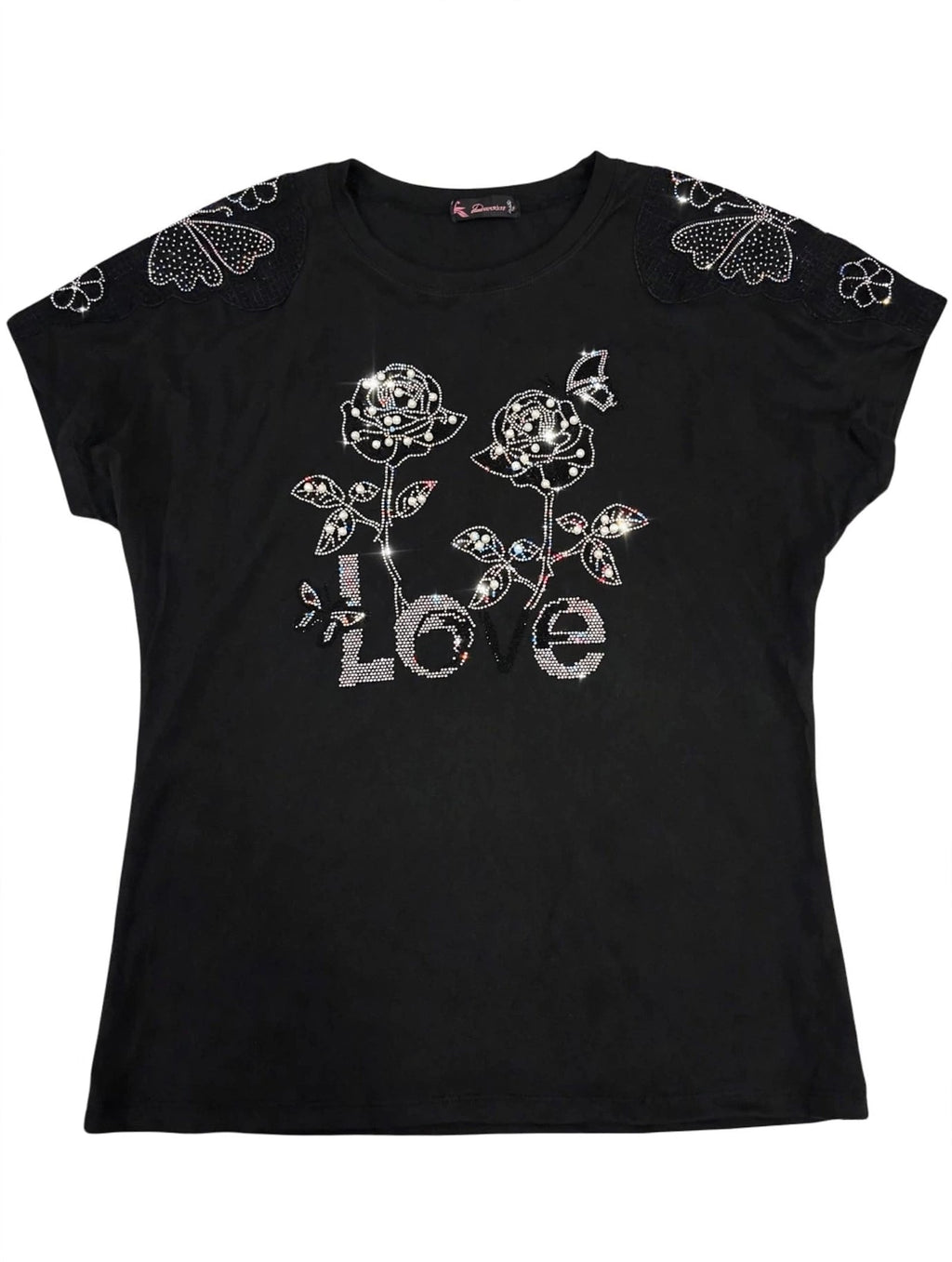 Camiseta Negra LOVE - Rosas con Rhinestones
