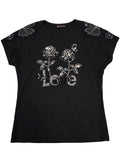 Camiseta Negra LOVE - Rosas con Rhinestones