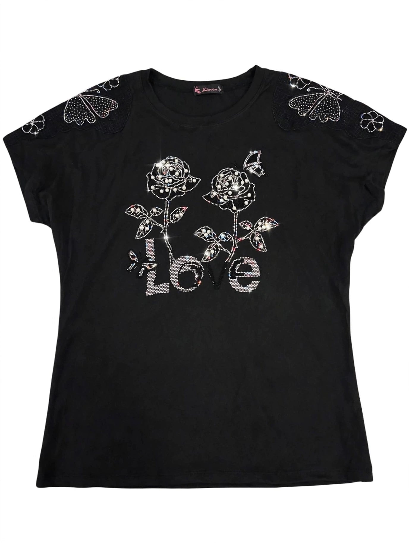 Camiseta Negra LOVE - Rosas con Rhinestones