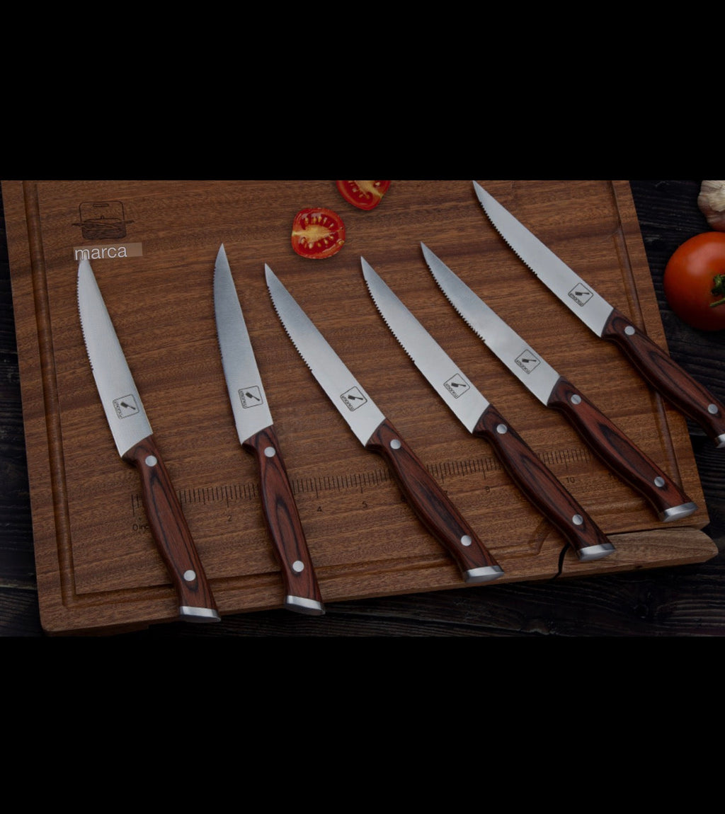 Set 6 Cuchillos Profesionales para Steak - Acero Inoxidable con Mango de Madera